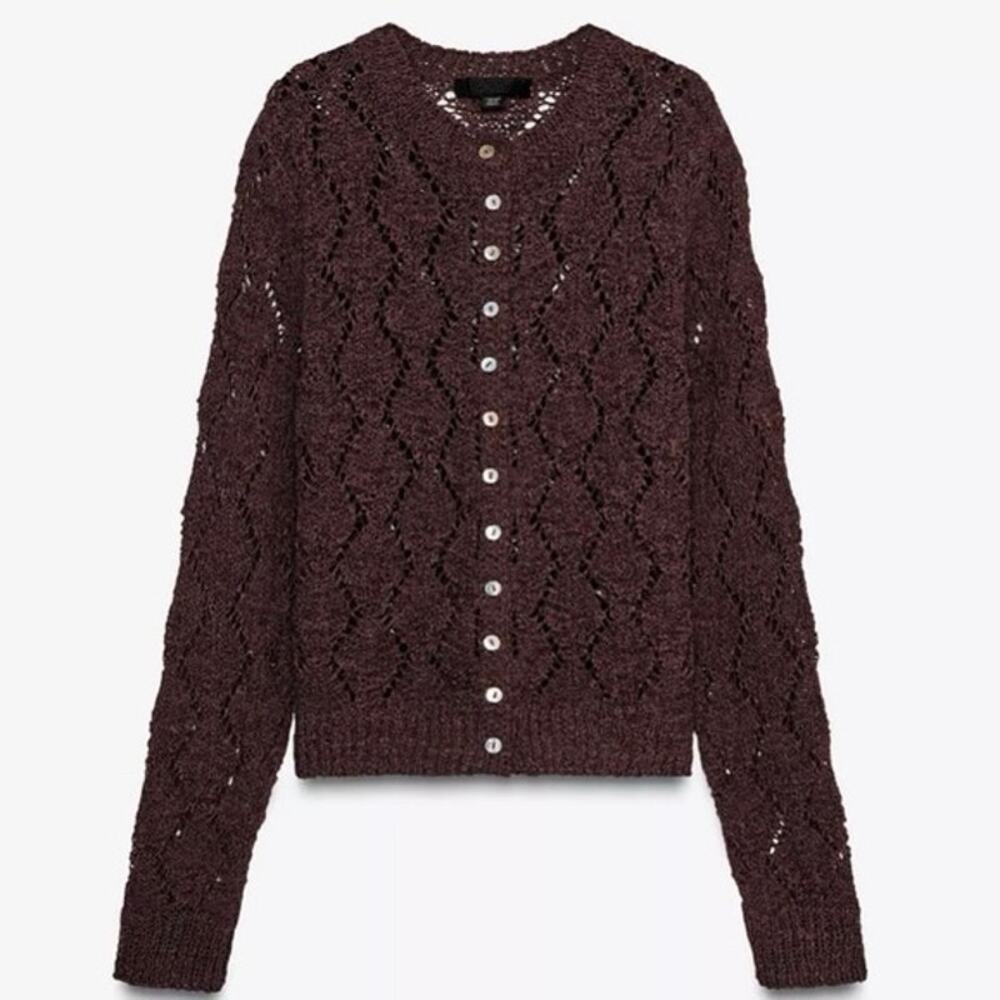ZARA POINTELLE KNIT CARDIGAN EGGPLANT LARGE NWT 9598/065